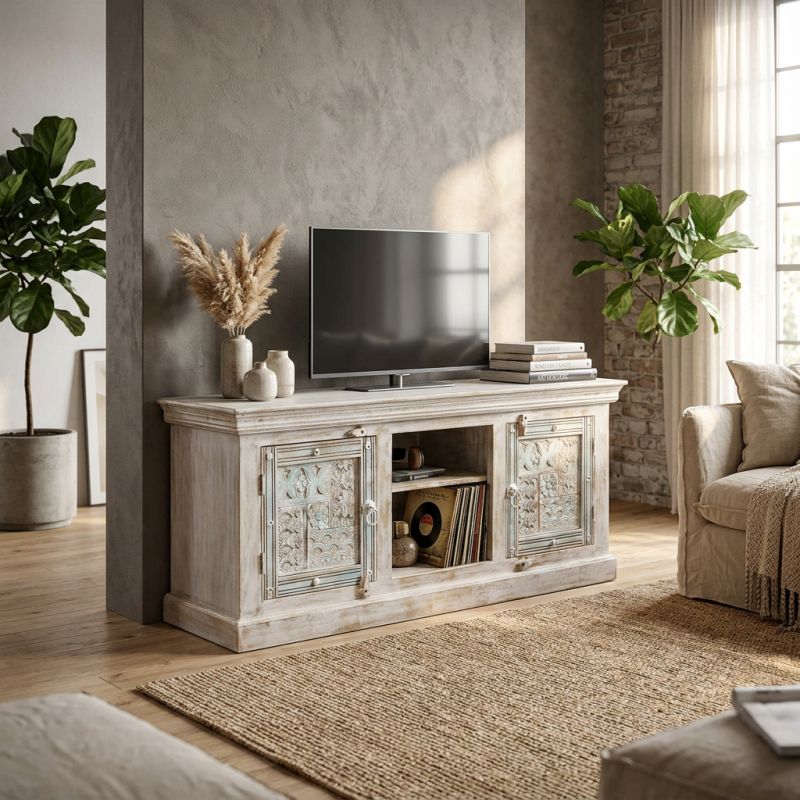 ETER - porta tv legno di mango bianco