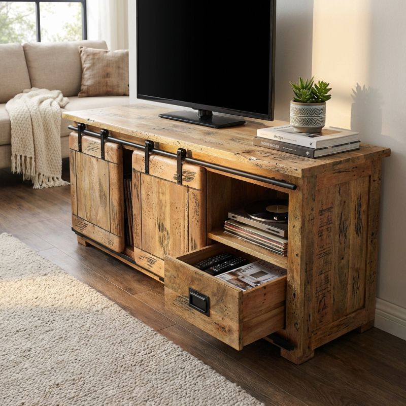BEILY - porta tv legno di mango con 2 ante scorrevoli