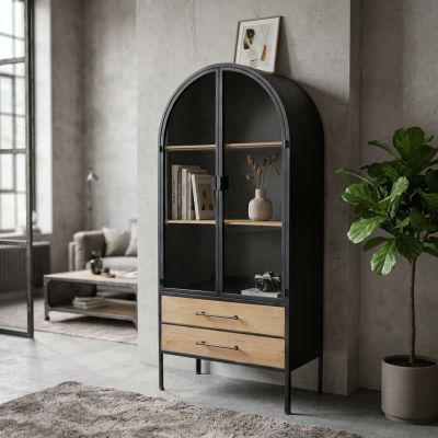 HENDRICKS - vetrina industrial in acciaio con due cassetti