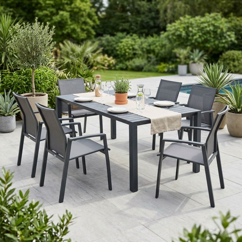 ARIZONA - set tavolo in alluminio cm 52/104/156/208/260 x 85 x 74 h con 6 poltrone Lotus