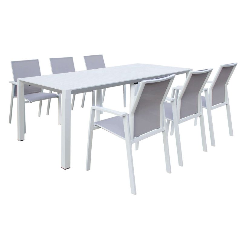 ARIZONA - set tavolo in alluminio cm 100 x 51,50/104/156/208/260 x 74 h con 6 poltrone Lotus