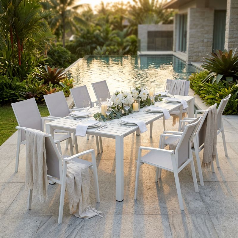 ARIZONA - set tavolo in alluminio cm 85x51,50/104/156/208/260 x 74 h con 10 poltrone Lotus