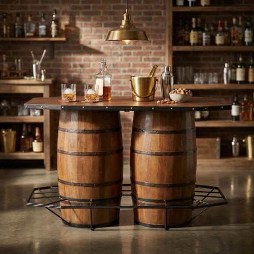 HALIFAX - tavolo in legno di mango con 2 botti