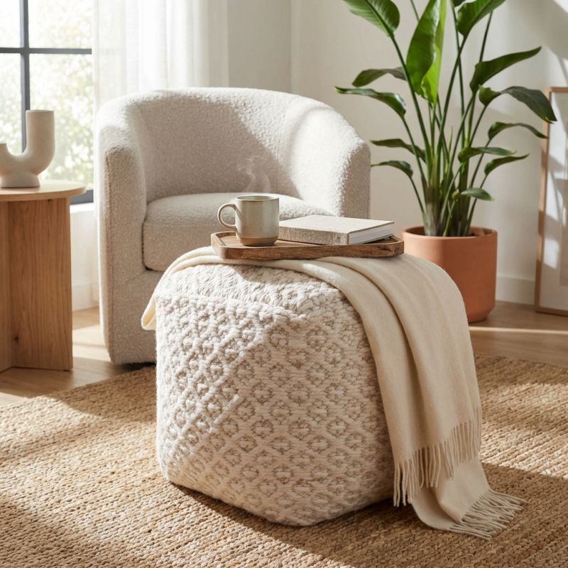 TRAVIS - pouf in lana avorio con decoro 40 x 40