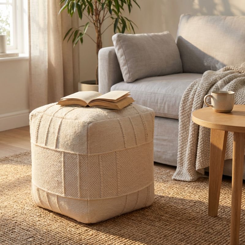 ORSON - pouf in lana avorio con decoro 40 x 40