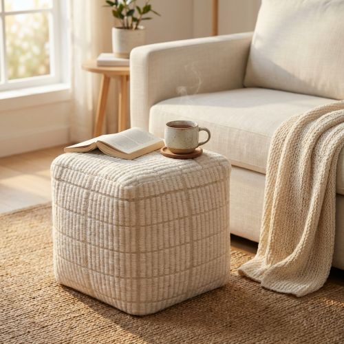 TESSA - pouf in lana avorio con decoro 40 x 40