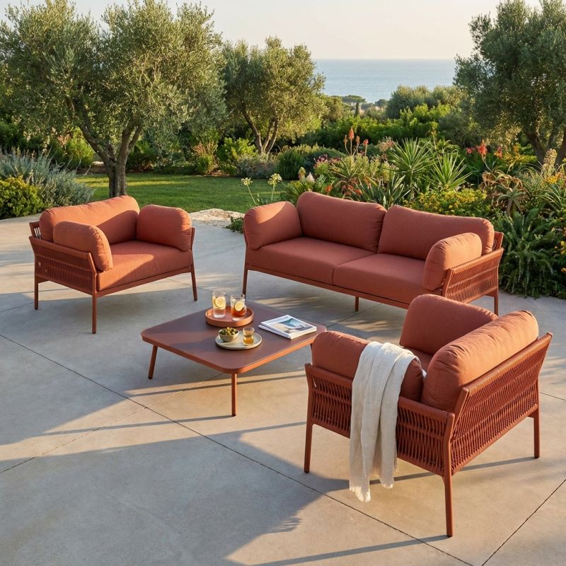 GALASSIA - salotto con struttura in alluminio bianco, rosso o antracite, rivestimento in corda in pvc