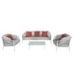 BACHATA - salotto con struttura in alluminio verniciato taupe o bianca, rivestimento in corda in pvc