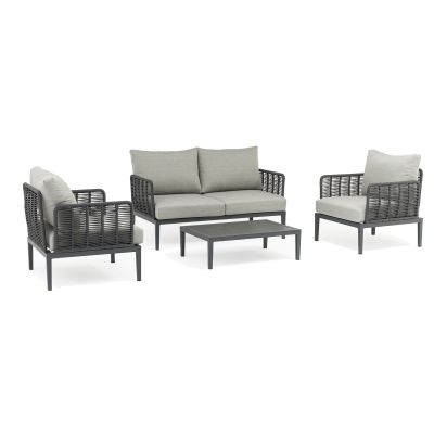 ESCONDIDO - salotto con struttura in alluminio antracite e corda in pvc, tavolino effetto pietra