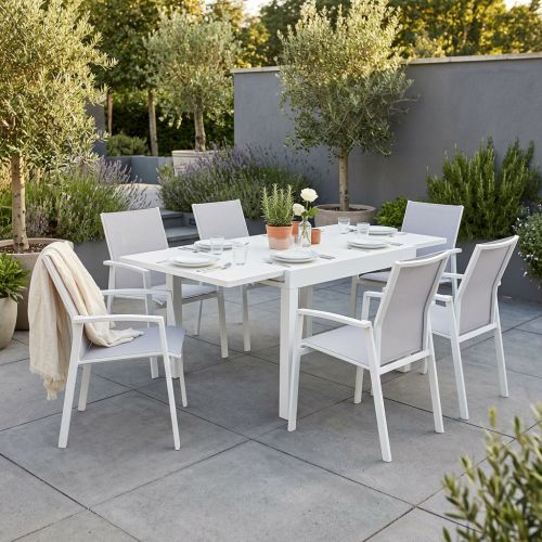 JERRI - set tavolo in alluminio cm 90/180 x 90 x 75 h con 6 poltrone Lotus