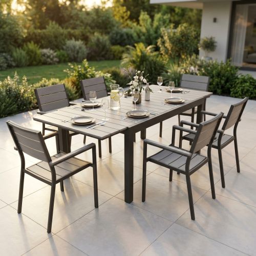 TRIUMPHUS - set tavolo in alluminio e polywood cm 180/240 x 100 x 73 h con 6 poltrone Xanthus