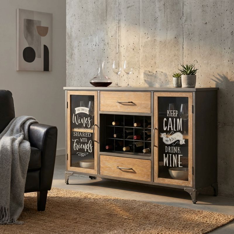ORLY - madia industrial in acciaio e legno con portabottiglie