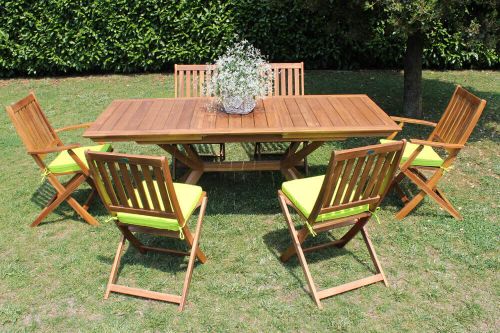 CAESAR - set tavolo in legno massiccio di acacia cm 150/200 x 90 x 78 h con 6 sedie e 2 poltrone Dresda