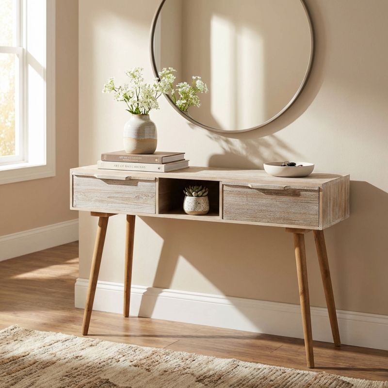 CHLOE - consolle con 2 cassetti in legno di paulownia e mdf industrial