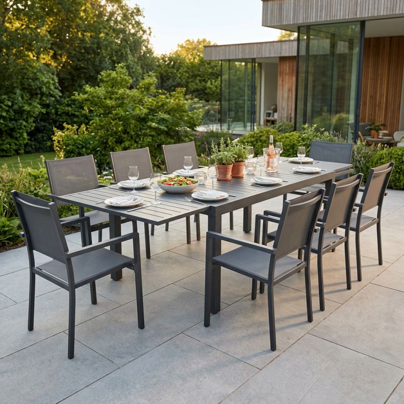 DEXTER - set tavolo in alluminio cm 200/300 x 100 x 74 h con 8 poltrone Venus