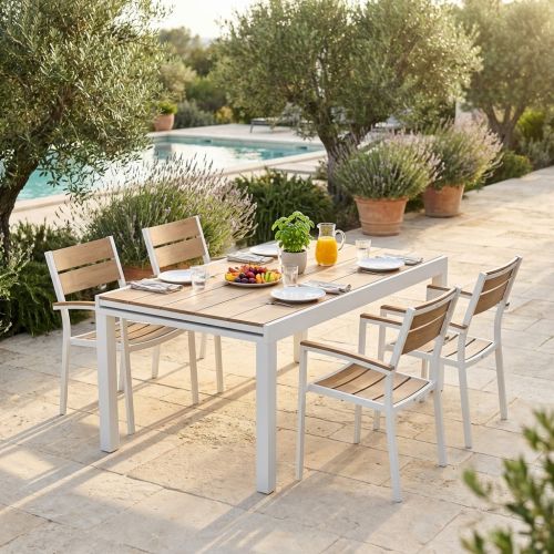 VIDUUS - set tavolo in alluminio e polywood cm 160/240 x 95 x 75 h con 4 poltrone Viduus