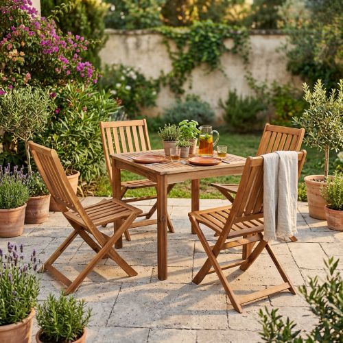 AARON - set tavolo in legno massiccio di acacia cm 80 x 80 x 74 h con 4 sedie Dresda