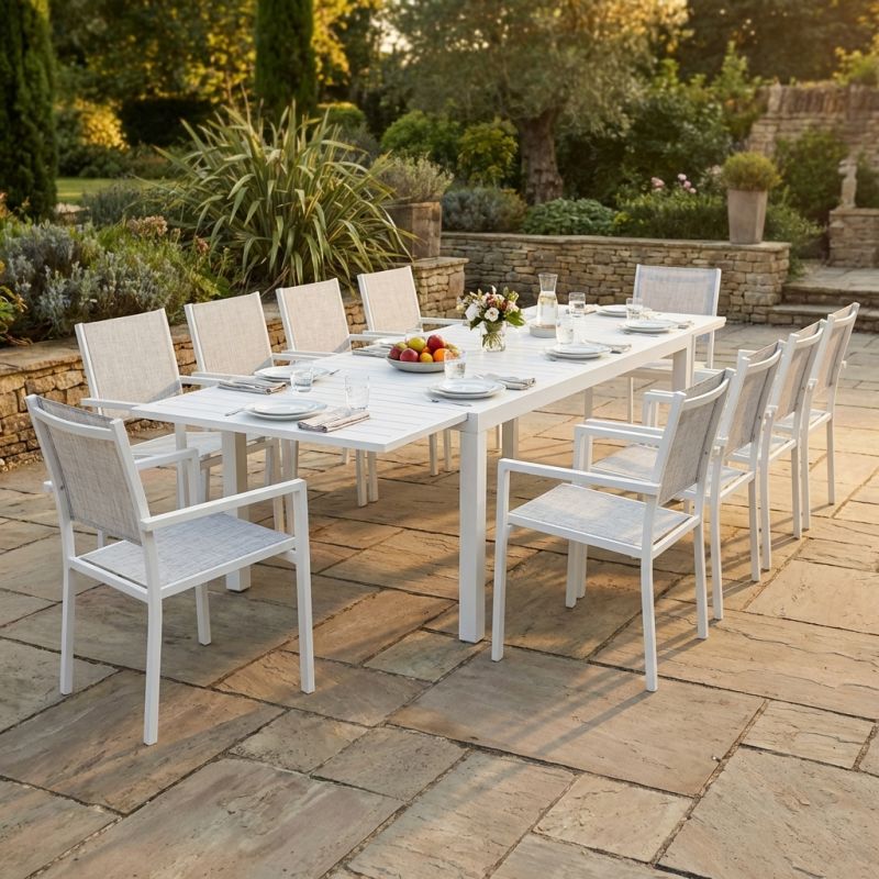 DEXTER - set tavolo in alluminio cm 200/300 x 100 x 74 h con 10 poltrone Venus