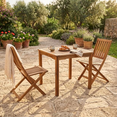 AARON - set tavolo in legno massiccio di acacia cm 80 x 80 x 74 h con 2 sedie Dresda