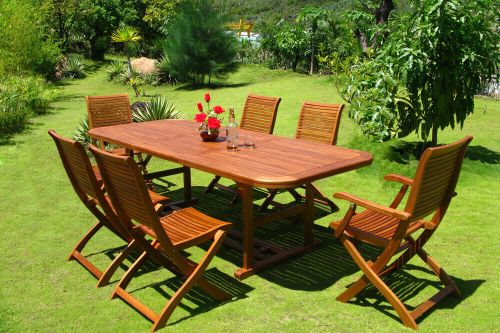 TURRIS - set tavolo in legno massiccio di acacia cm 150/200 x 90 x 74 h con 4 sedie e 2 poltrone Mulier