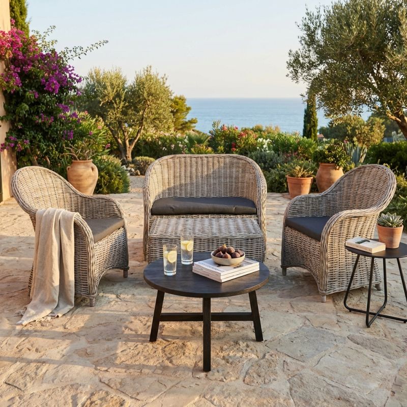 MANUS - salotto da giardino completo di cuscini intreccio in rattan