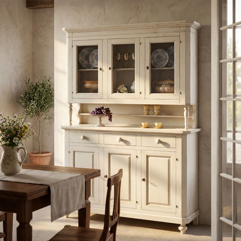 CHELSEY - credenza con vetrina in legno massello cm 150 x 43 x 218 h